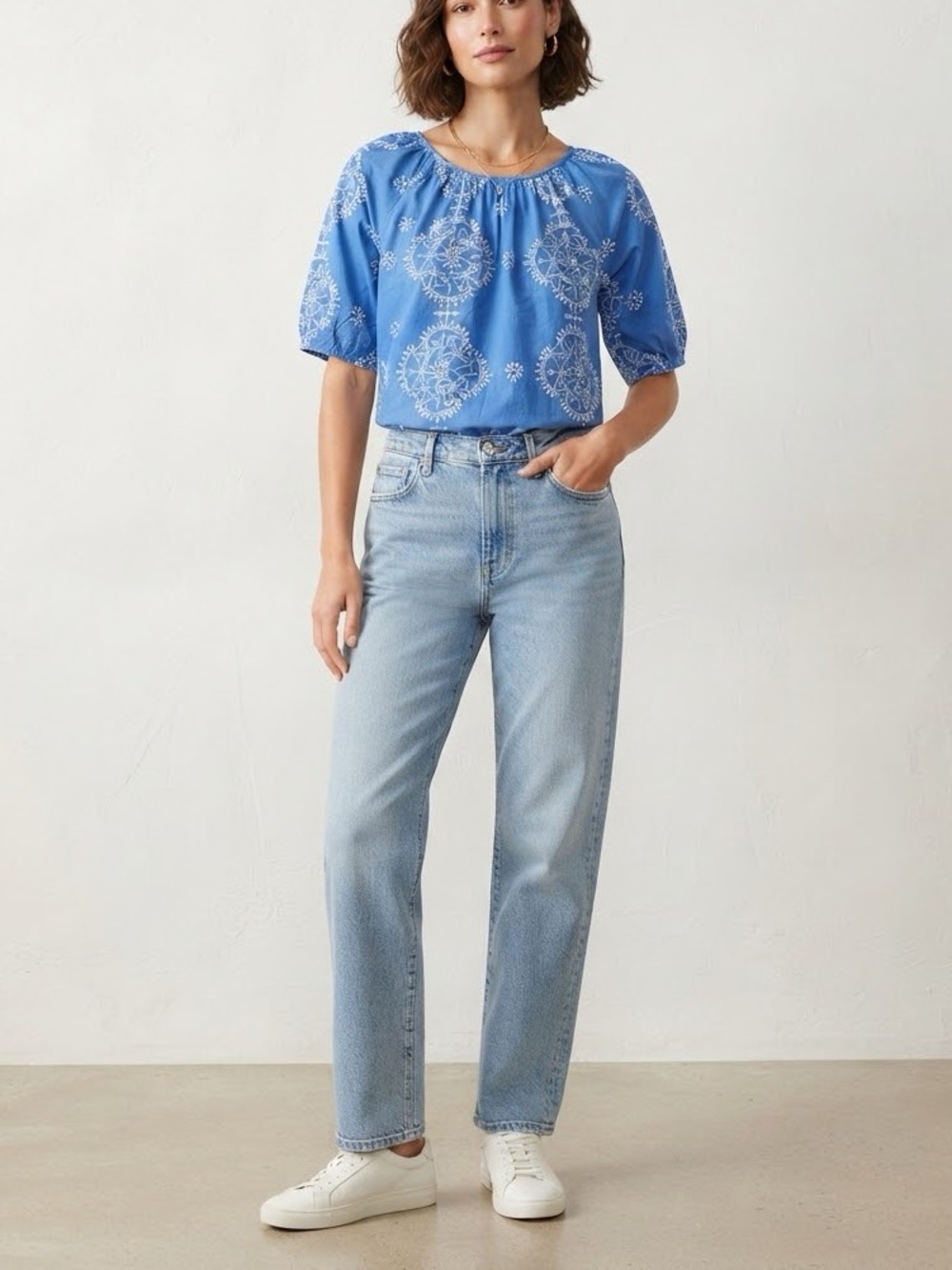 Ann Taylor Factory Blue Embroidered Boho Blouse